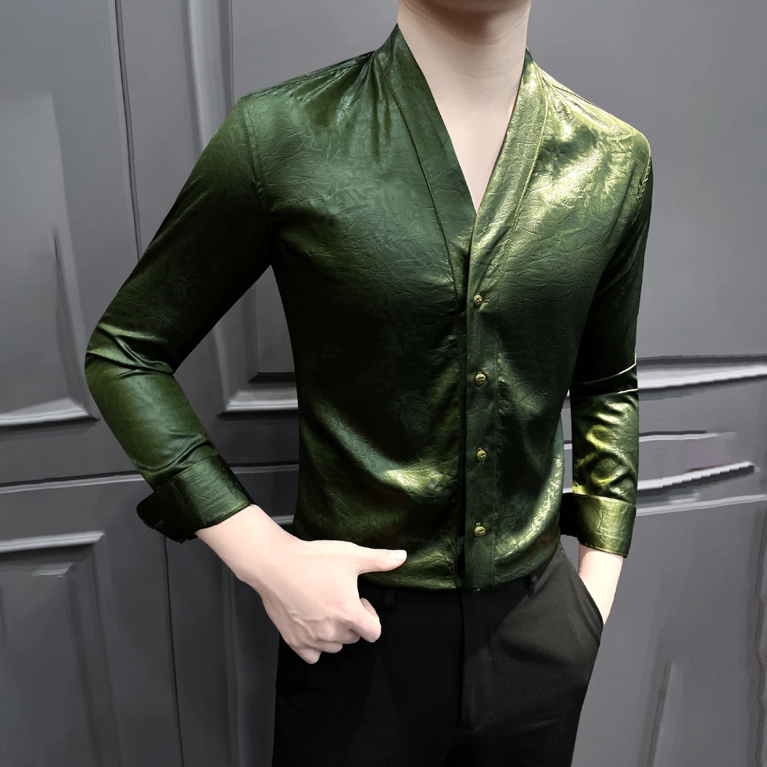 V领压花衬衫男款长袖新款2025爆款秋季款痞帅理发师潮流男士衬衣