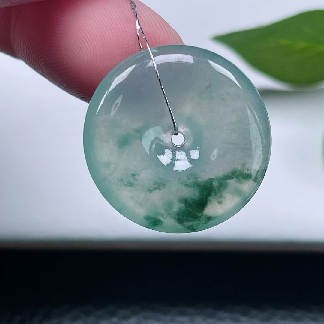 鑫诚天然翡翠A货～冰种飘绿花平安扣吊坠厚装冰润男女玉扣挂件36