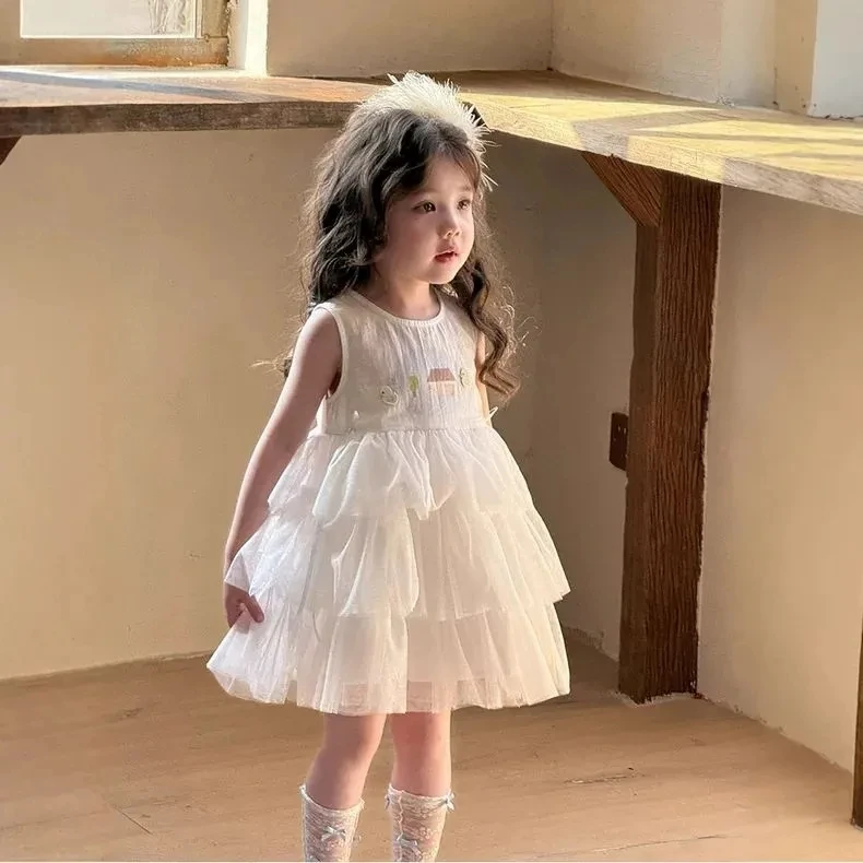 新款甜美女童连衣裙2025夏季新儿童无袖背心裙宝宝洋气拼纱公主