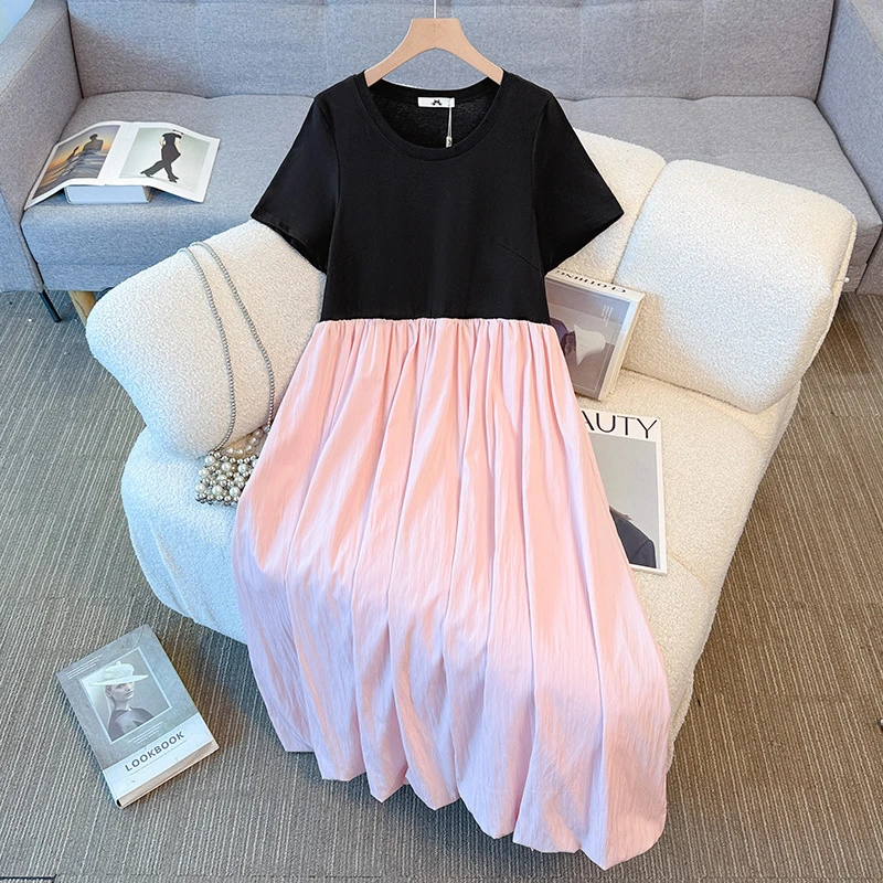 【66939】130-350斤大码女装胖mm简约风假两件连衣裙夏新款中长裙