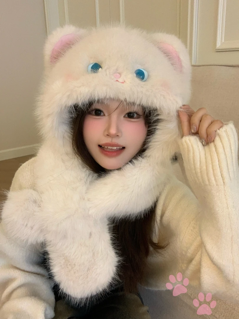 新款可爱猫咪耳朵护耳帽子女冬季创意保暖毛绒帽潮