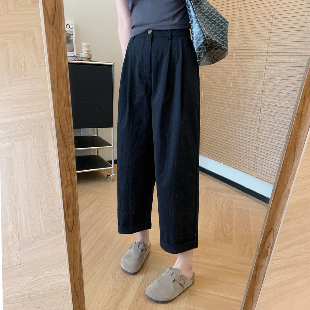 小个子高腰休闲裤韩版阔腿裤女2025薄款宽松显瘦百搭九分直筒裤子