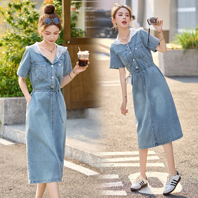 蕾丝连帽拼接牛仔连衣裙女2025夏季新款休闲时尚收腰显瘦百搭裙子