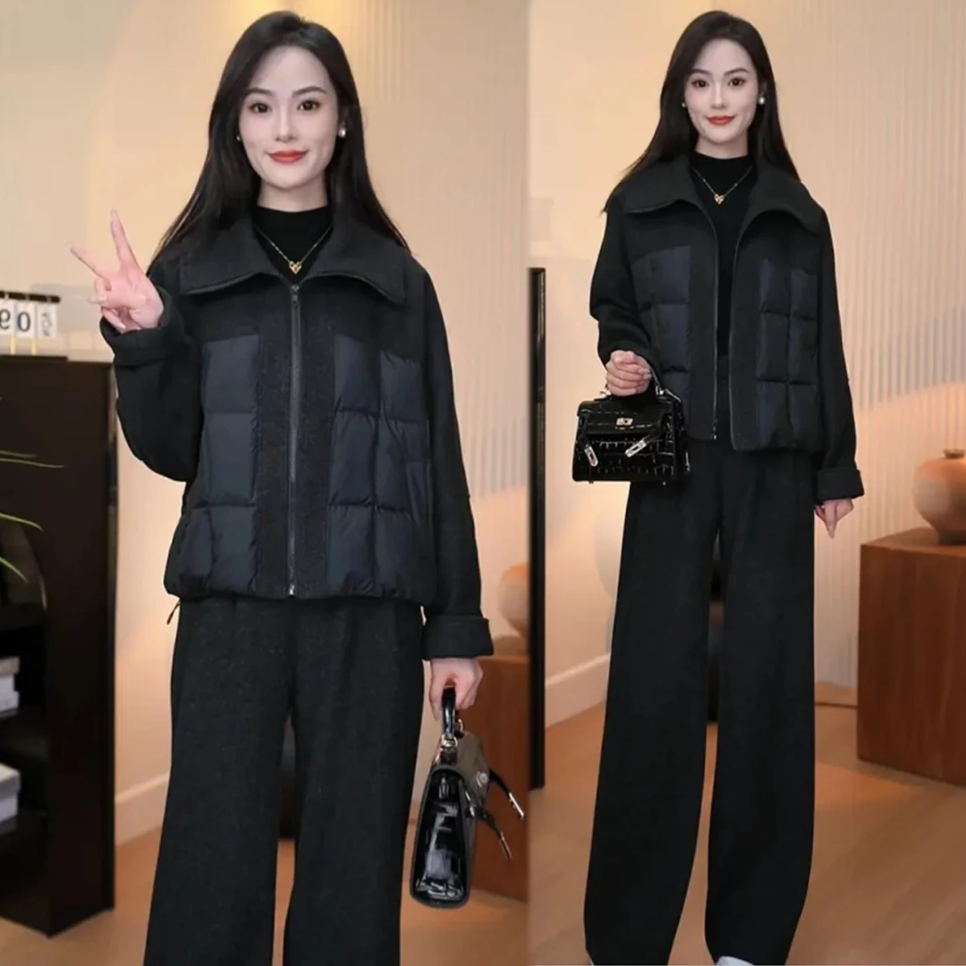 时尚设计感休闲毛呢套装女新款洋气翻领加厚保暖棉服阔腿裤两件套