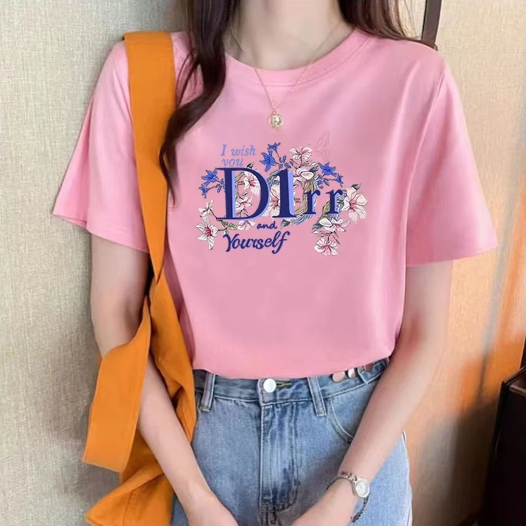 【D字母小花】合适美式女T恤印花好看正肩圆领t恤女装服饰夏季