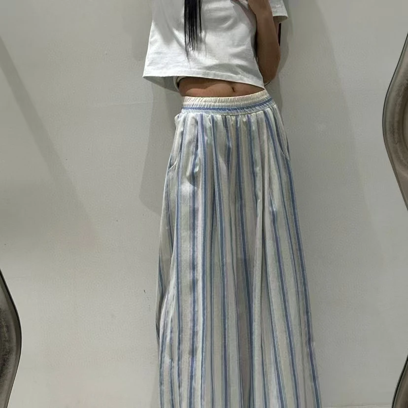 韩国东大门夏季宽松显瘦高腰百搭休闲条纹垂感裙裤长款时尚