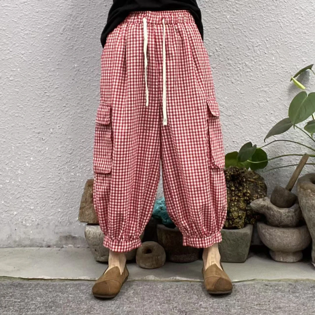 26005两侧口袋加盖色织麻格纹灯笼休闲裤（长84臀围128脚口40