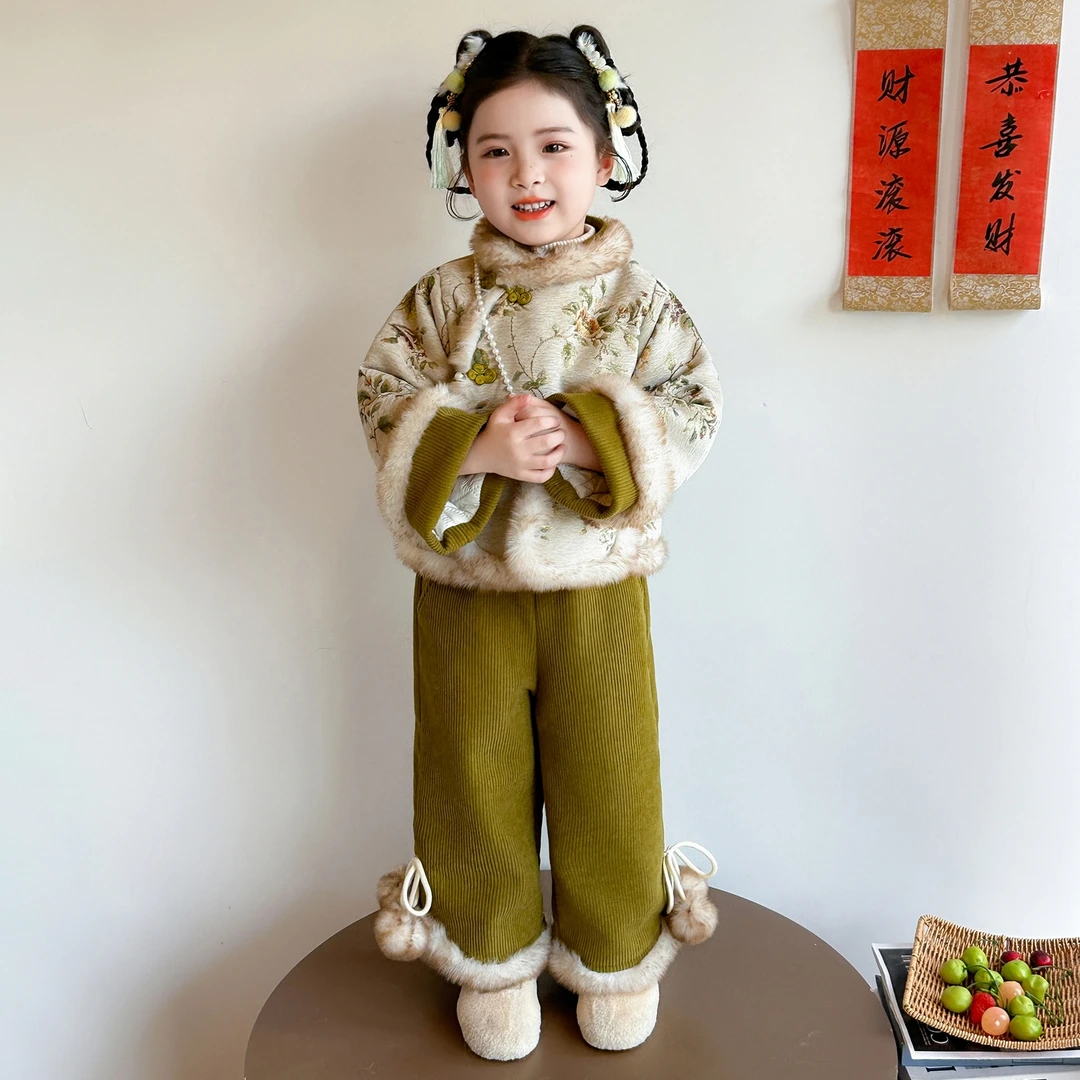 女童新中式拜年服套装冬季儿童加绒加厚唐装女宝宝国潮汉服三件套