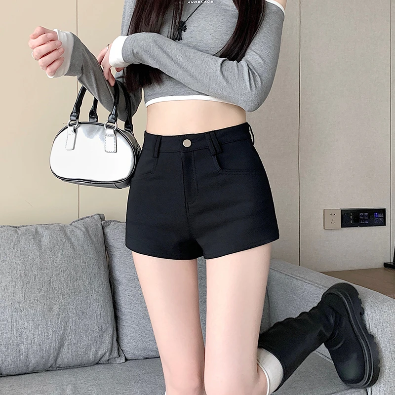 辣妹包臀热裤a版显瘦黑色紧身修身高腰卡其色短裤夏季外穿小个子