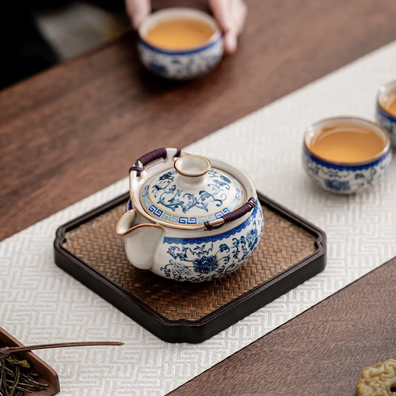 【陶制】青花汝窑手抓壶盖碗功夫茶具茶杯高档旅行茶具套装泡茶碗