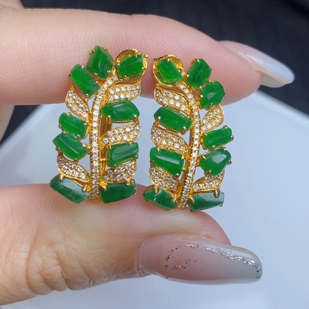 翡翠18K金镶嵌耳饰随形麦穗
