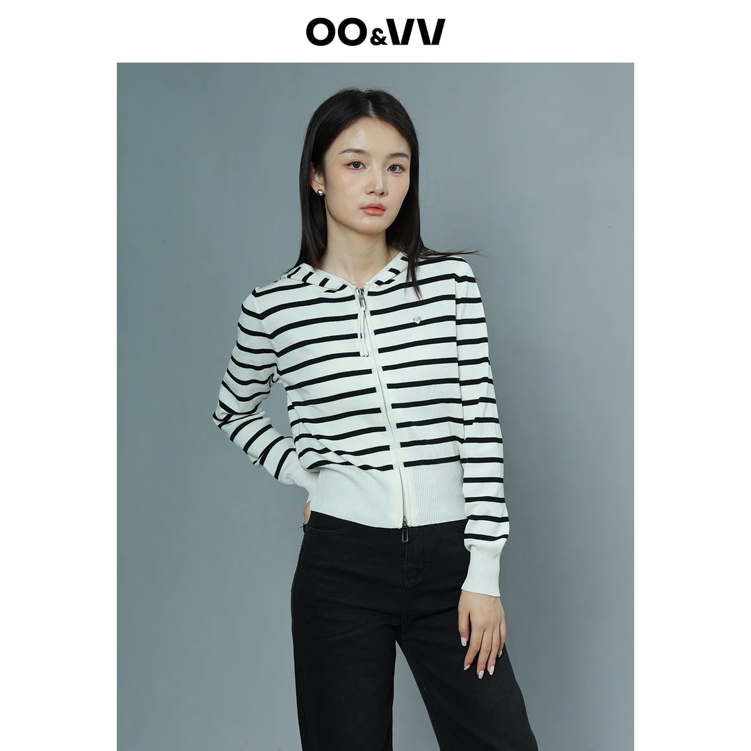 OO&VV黑白条纹连帽针织开衫女25秋季新款百搭气质显瘦高级感收腰