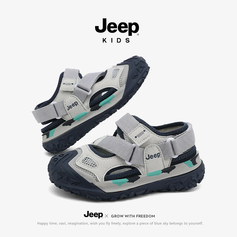 jeep男童魔术贴凉鞋女童软底沙滩鞋夏季透气防滑软底轻便洞洞凉拖