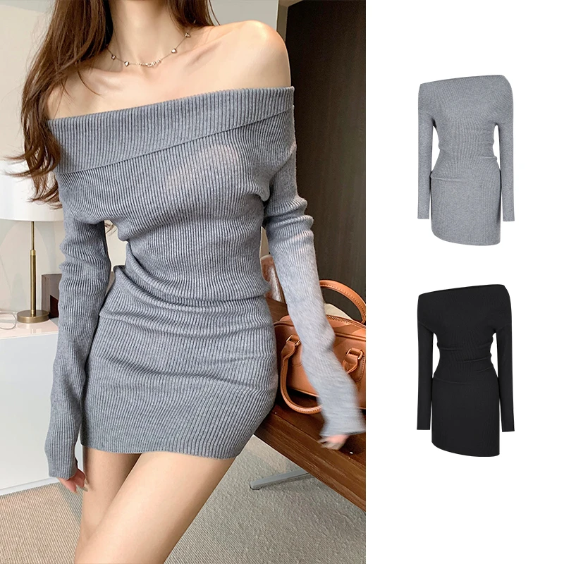 Moses Queen/魔西女王性感纯欲斜肩包臀连衣裙掐腰一字肩收腰短裙