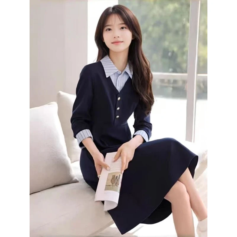 2025春季新款裙子女条纹拼接假两件衬衫连衣裙高级感显瘦裙