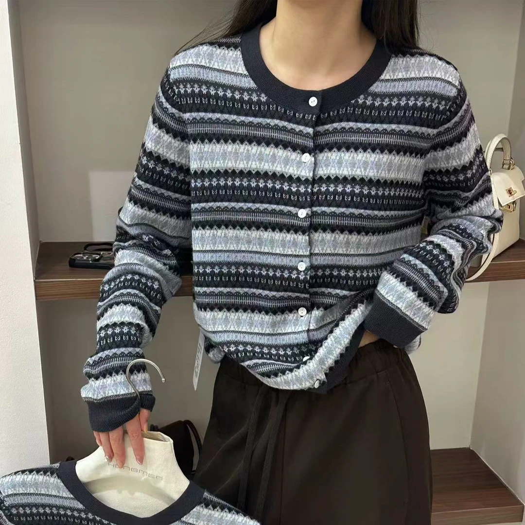 [灰蓝韵格】针织上衣拼色条纹长款慵懒风高级法式外搭566