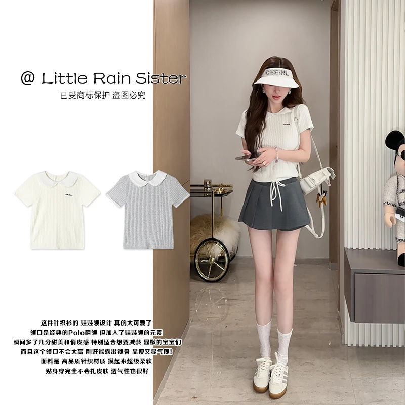 小雨姐姐新款【甜幼萝莉】时尚减龄感Polo娃娃领休闲拼色针织短袖女