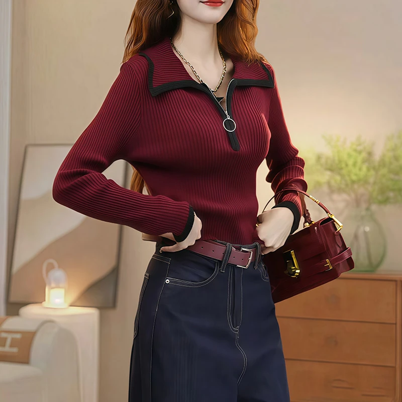 气质半拉链翻领长袖打底针织衫秋季新款洋气遮肚显瘦显瘦百搭上衣