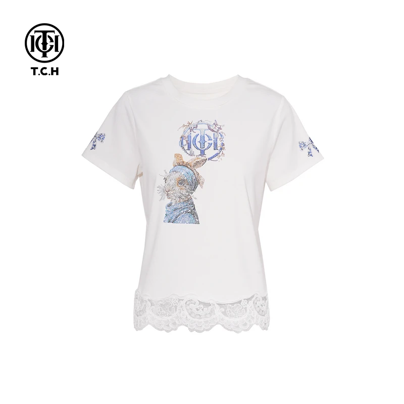 TCH私服烫钻工艺休闲时尚百搭圆领T恤女T75A10E5035轻奢tch