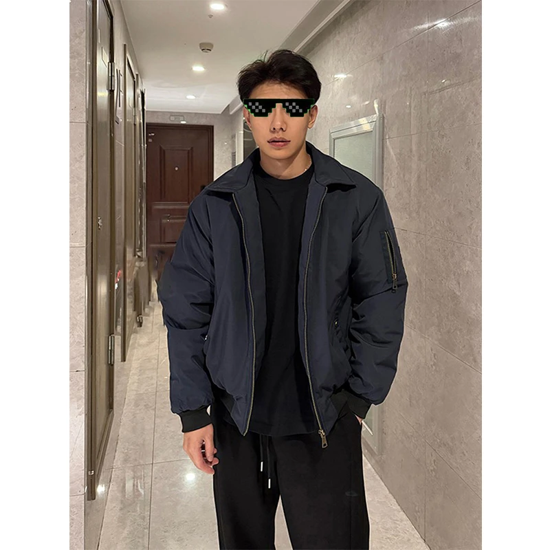 斌子同款藏青色夹克棉服外套男款秋冬季美式飞行短款加厚保暖棉衣