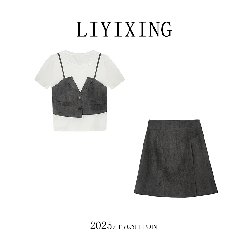 《李易行》【温柔海风】现货   假两件拼接短袖+A字裙裤两件套#13629