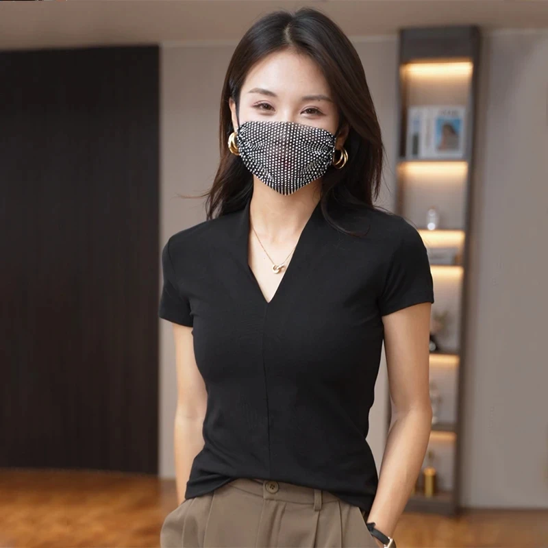 欧货黑色v领短袖t恤女2025新款紧身修身显瘦气质百搭辣妹正肩上衣