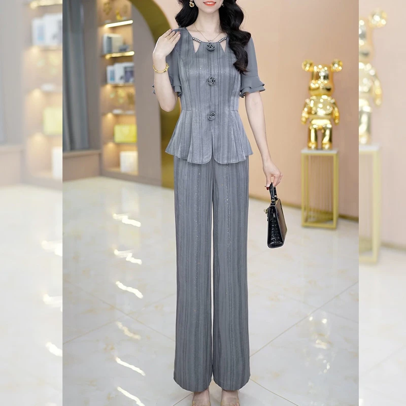 优雅气质时尚大气减龄休闲收腰显瘦套裤洋气高腰短袖两件套夏季