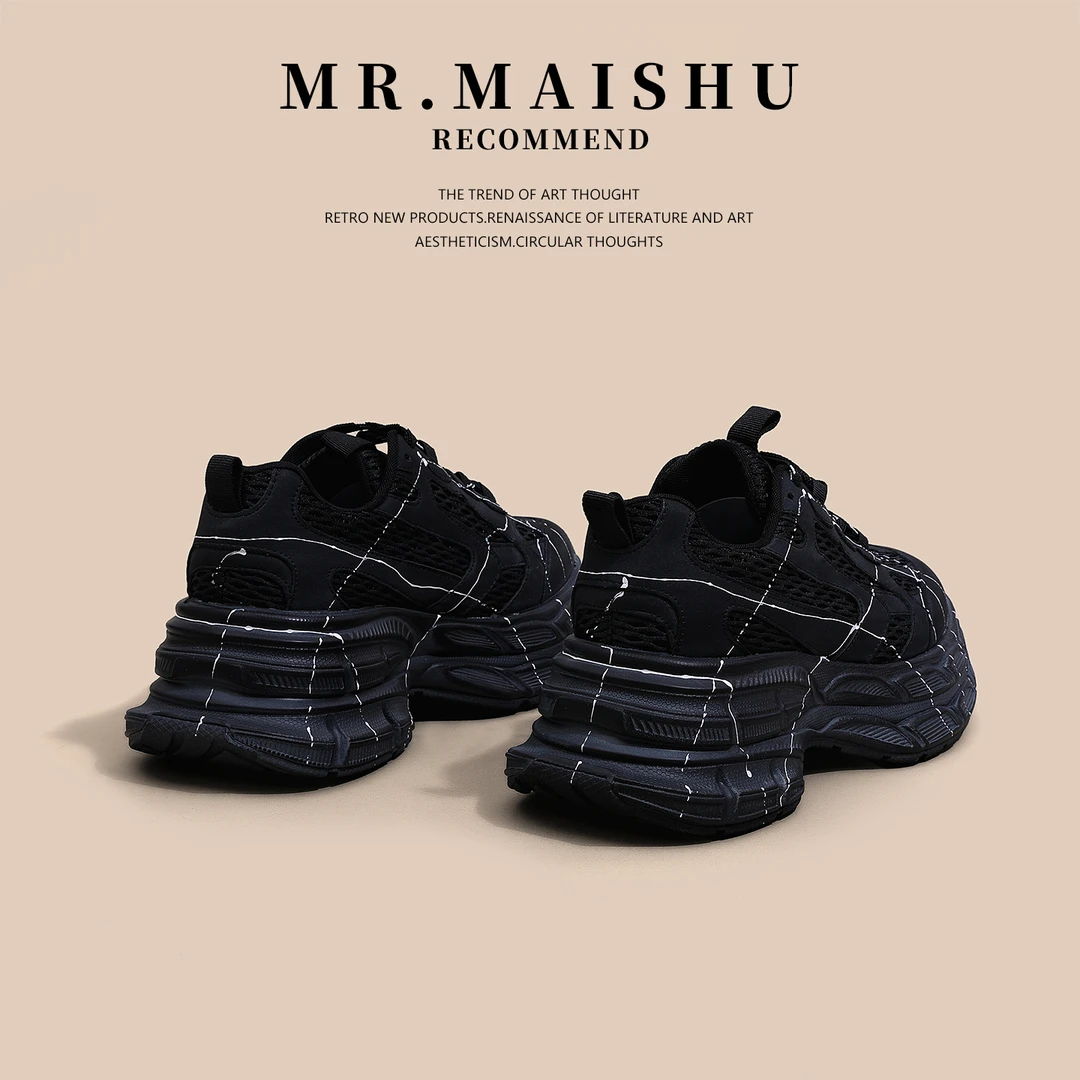 全黑武士老爹鞋女款2025秋季新款女鞋百搭网面增高厚底运动休闲鞋