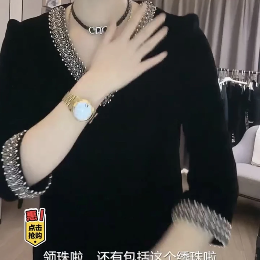 新款重工串珠丝绒显瘦气质感连衣裙黑色网红时尚中长款秋冬中长裙