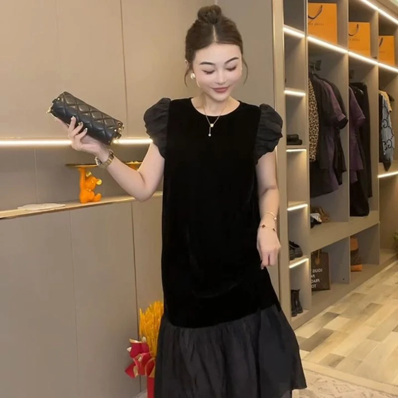 夏季显瘦气质时尚黑色小众大码遮肉显瘦宽松开叉不规则丝绒连衣裙