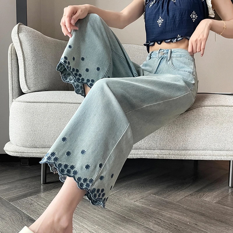 直筒牛仔裤女夏季新款高腰显瘦2025裤子网红款镂空破洞阔腿九分裤