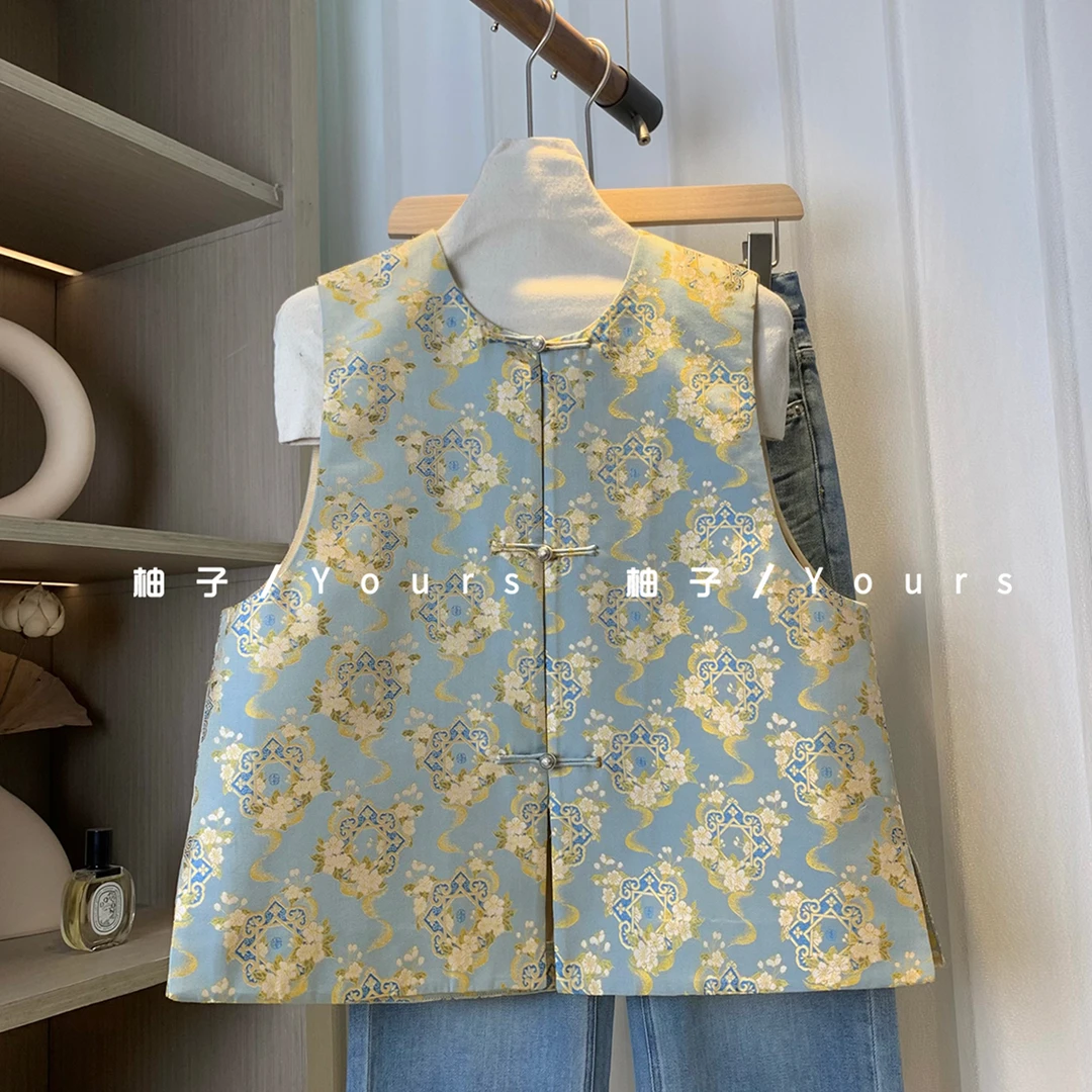 柚子yours【如意菱花】钱小萍100桑蚕丝三重纬宋锦足银扣马甲
