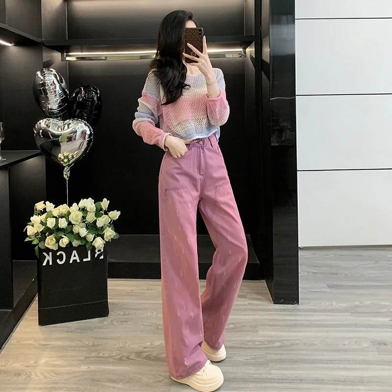 网红炸街洋气女装设计感镂空渐变色上衣高腰牛仔长裤时尚两件套