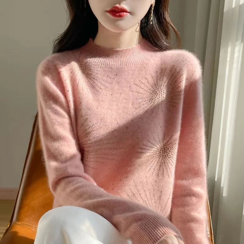 高端100%纯羊毛衫一线成衣烟花镶钻半高领秋冬季针织衫毛衣打底衫