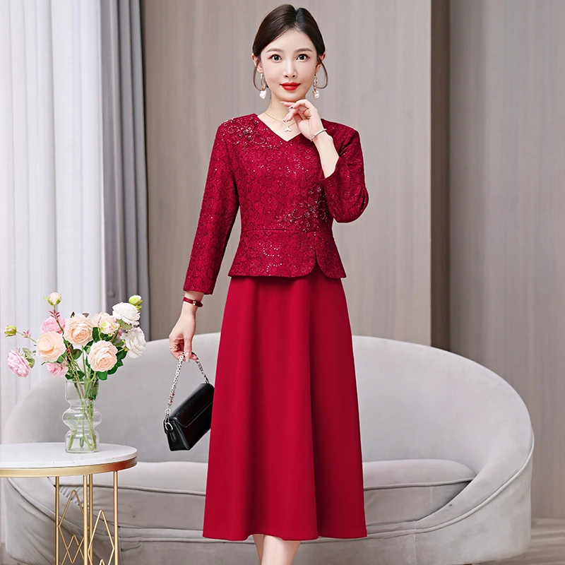喜婆婆婚宴装旗袍2025新款十月妈妈结婚礼服长袖假两件套高端喜服