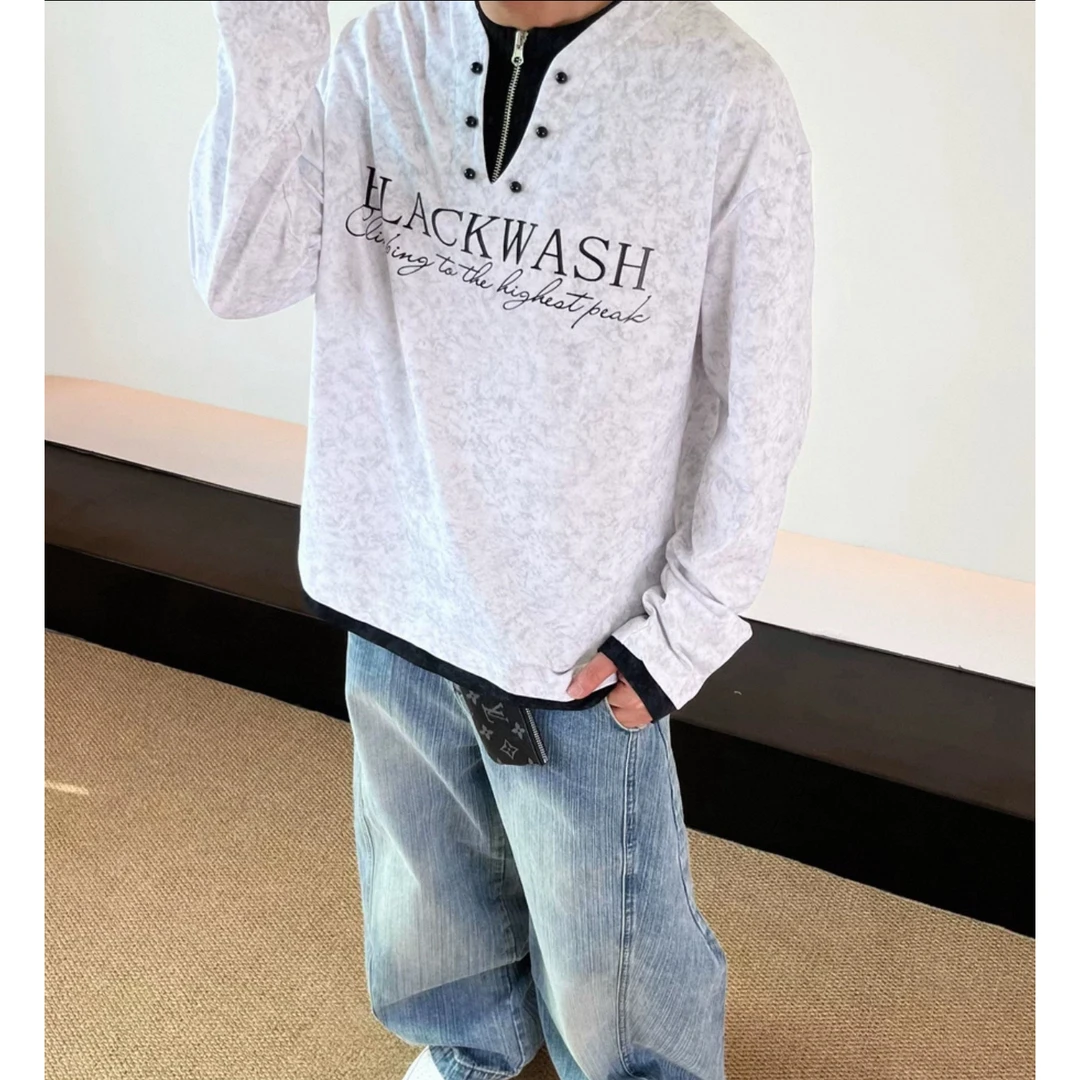 A6#某宝1张！半拉链假两件长袖T恤男女休闲情侣痞帅扎染宽松卫衣