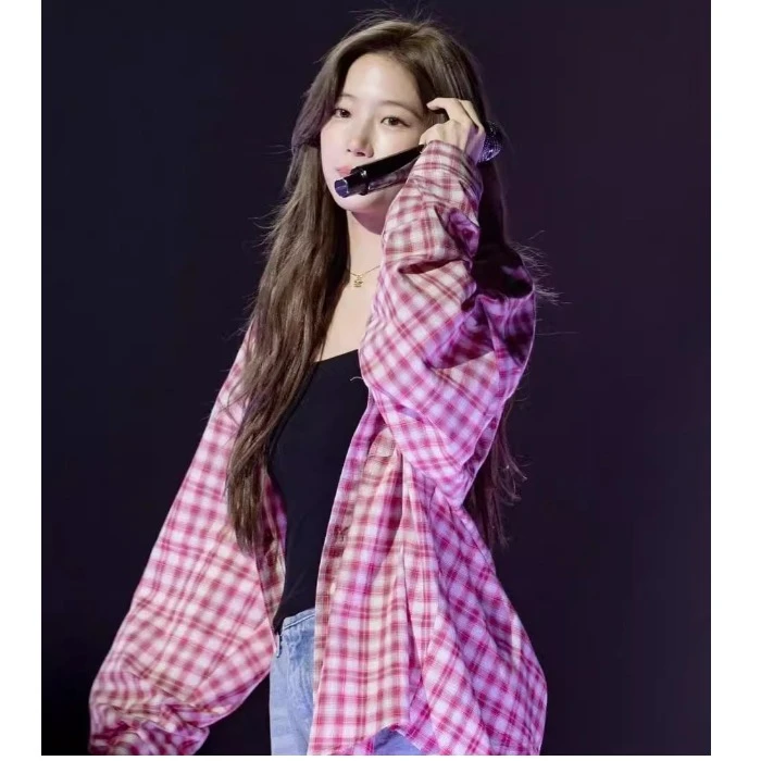 中村一叶长袖粉色格子衬衫女夏季法式高级感宽松显瘦休闲防晒上衣