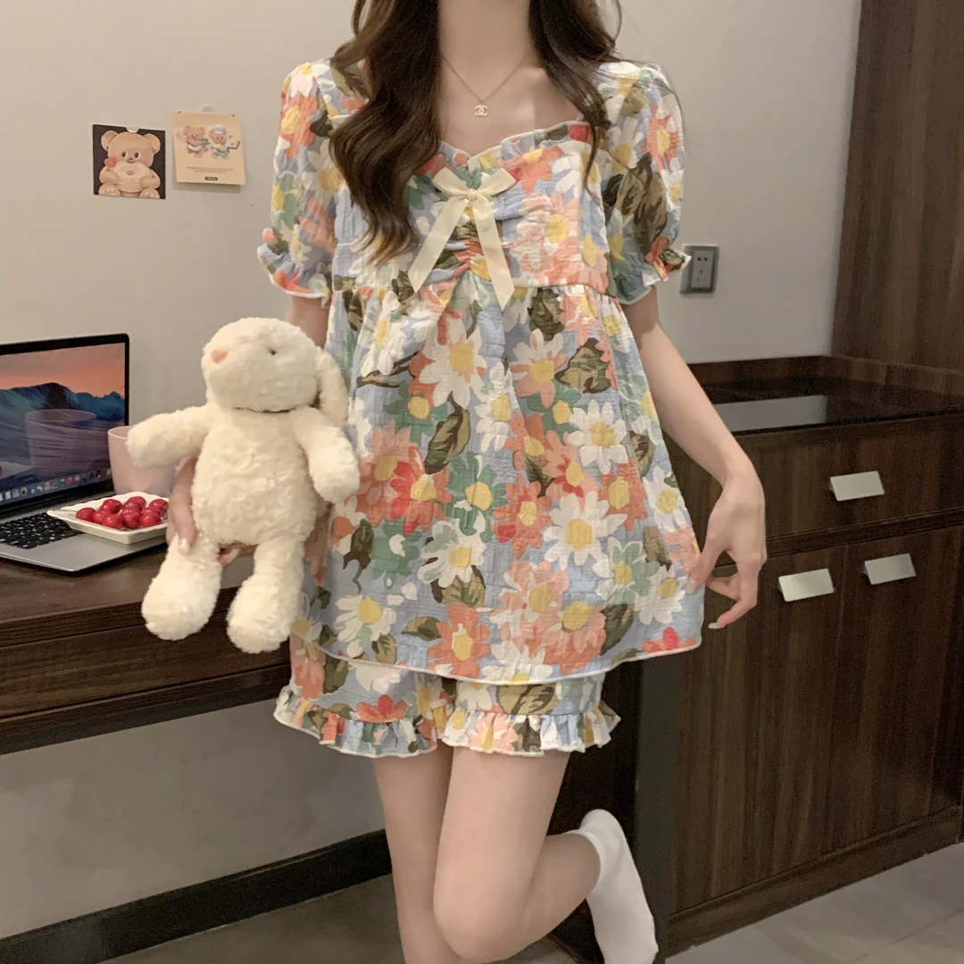 6988夏季甜美可爱胸垫睡衣女短袖短裤可外穿家居服网红少女薄款