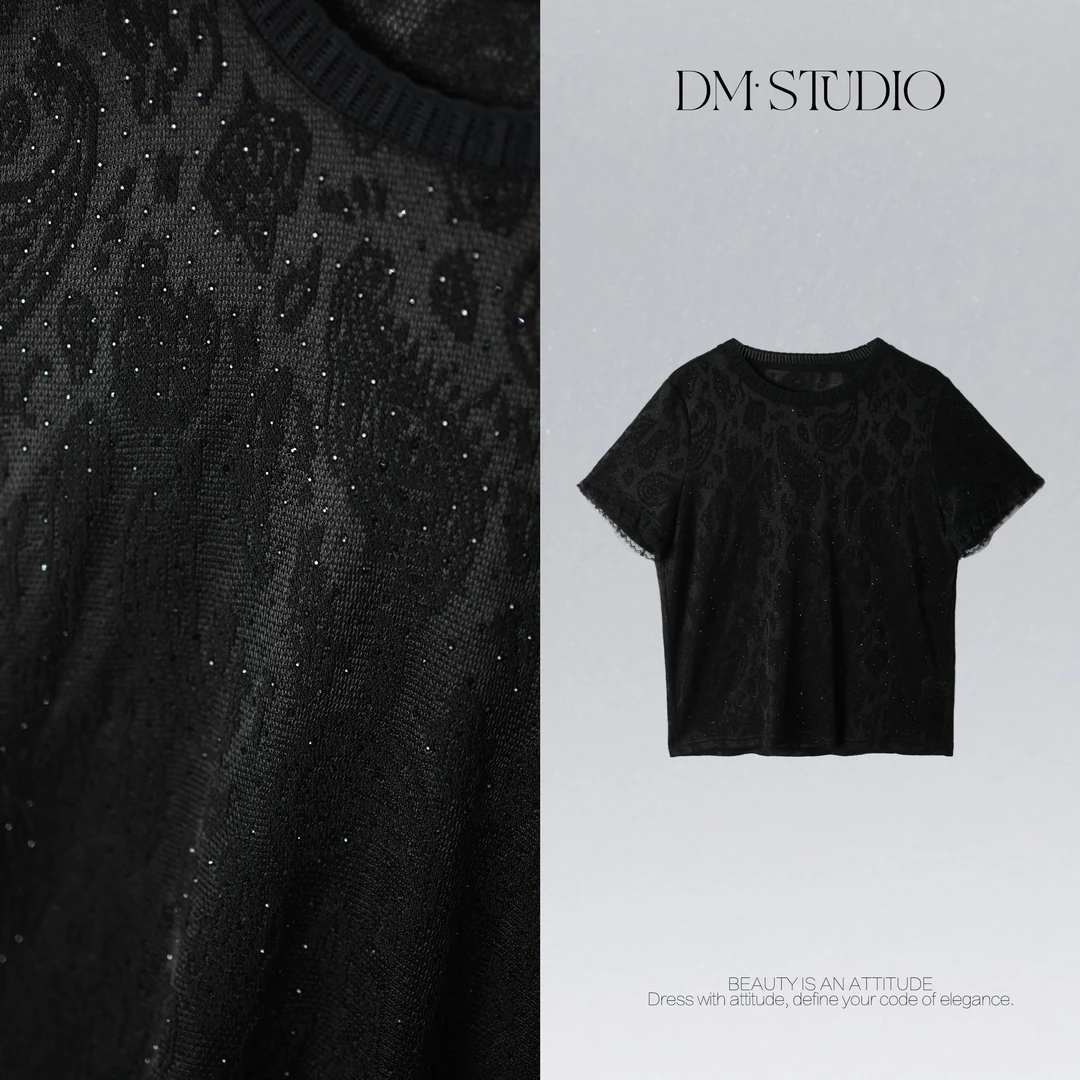 DEDM•STUDIO/气质减龄显瘦针织百搭蕾丝圆领提花上衣2505TX/9766