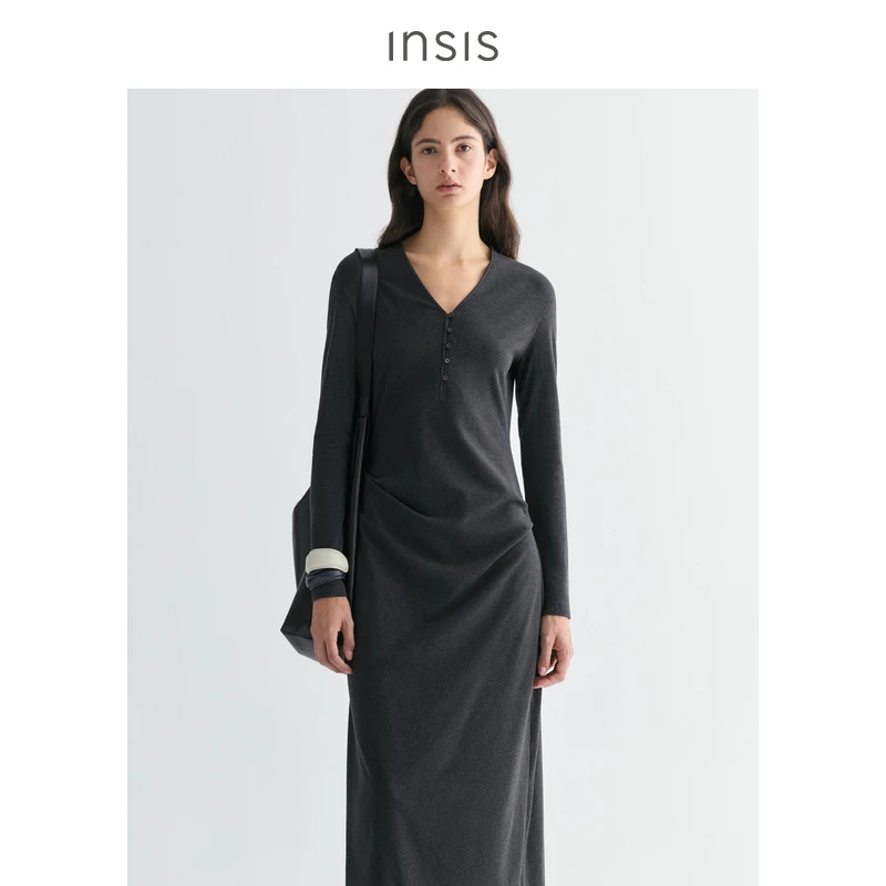 INSIS FEMME羊毛棉质2025秋季V领半开门襟微茧型打褶长袖连衣裙女
