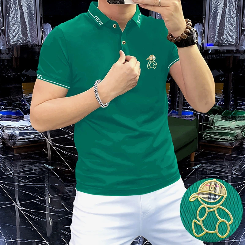 2025夏季新款男士POLO衫男短袖潮韩版修身高端美式休闲冰丝翻领T