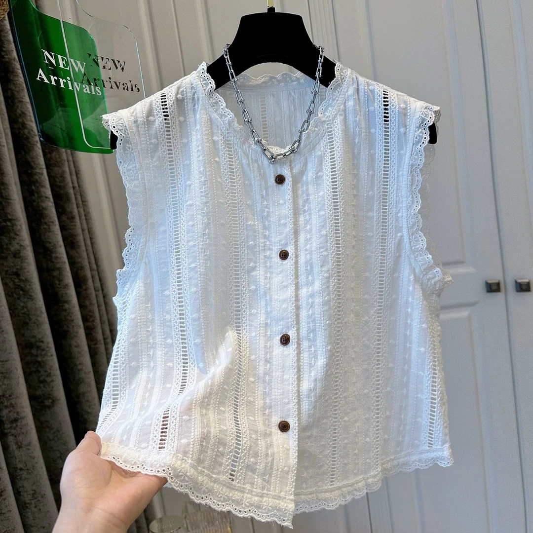 刺绣蕾丝镂空无袖衬衫女夏季大码胖mm好看别致独特飞飞袖小衫上衣