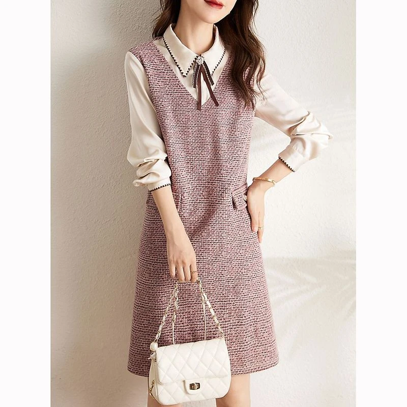 毛呢连衣裙子女士春秋冬季2025年新款假两件小香风气质长袖中长裙