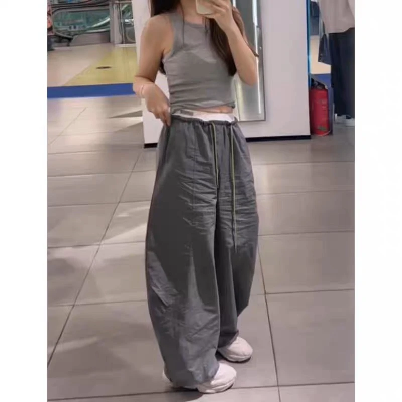 灰色松紧腰拼接休闲阔腿裤女2025夏季薄款形身材宽松显瘦弯刀裤子