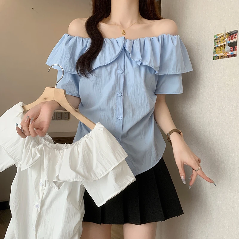 2025短袖新款显瘦女上衣高级感夏季衬衫胖MM荷叶边一字肩大码