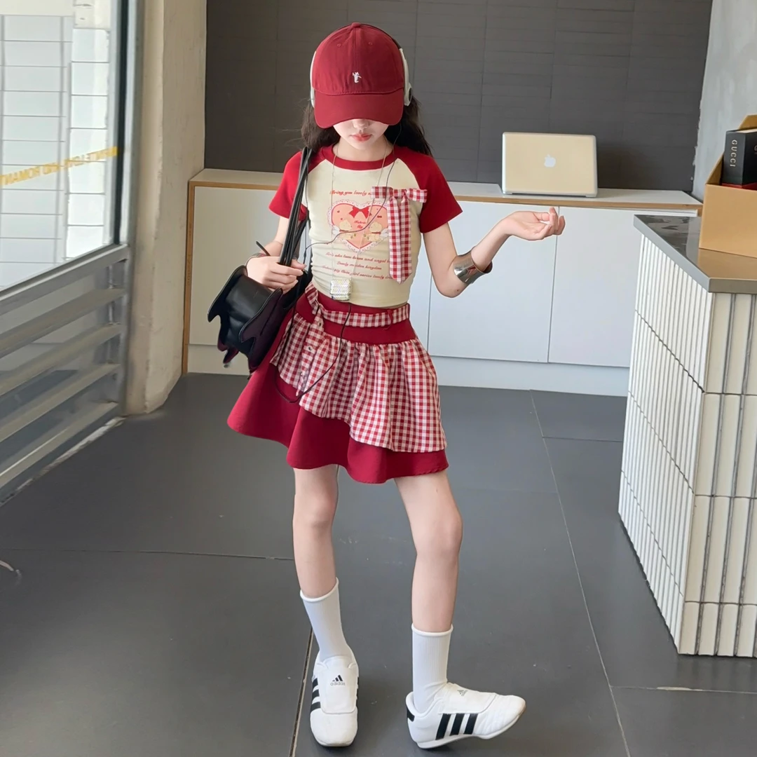 女童夏季韩版休闲裙子套装2025新款女大童洋气儿童夏装短袖短裙潮