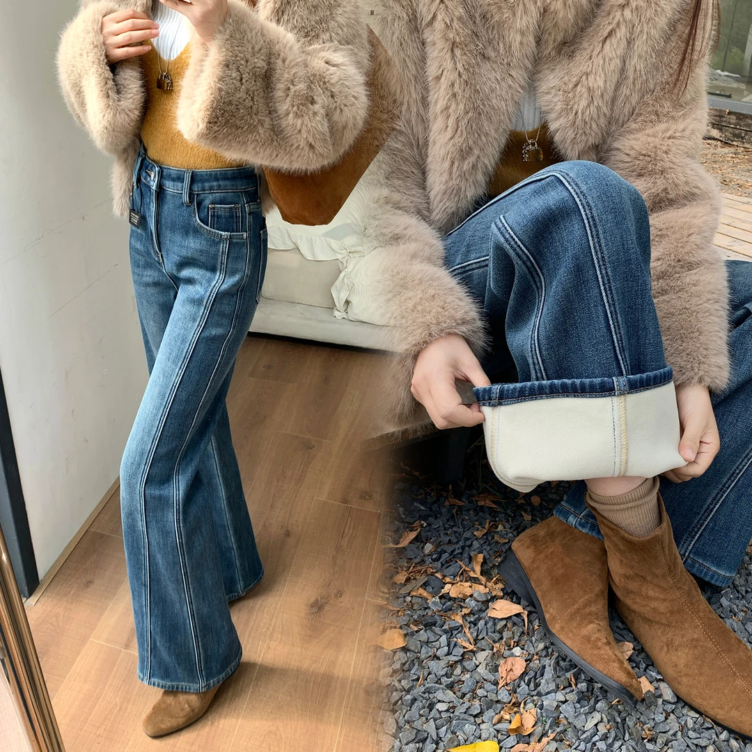 美思源加绒喇叭牛仔裤女修身2025秋冬新款保暖显瘦加厚筒喇拖地裤