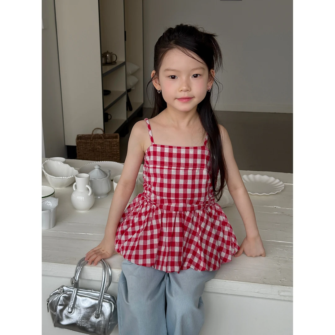 Harper kids 韩版可调节肩带收腰红色格子吊带上衣 H25A290541