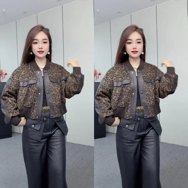2025年秋冬豹纹棒球服口袋绵羊皮拼接洋气厚实外套女