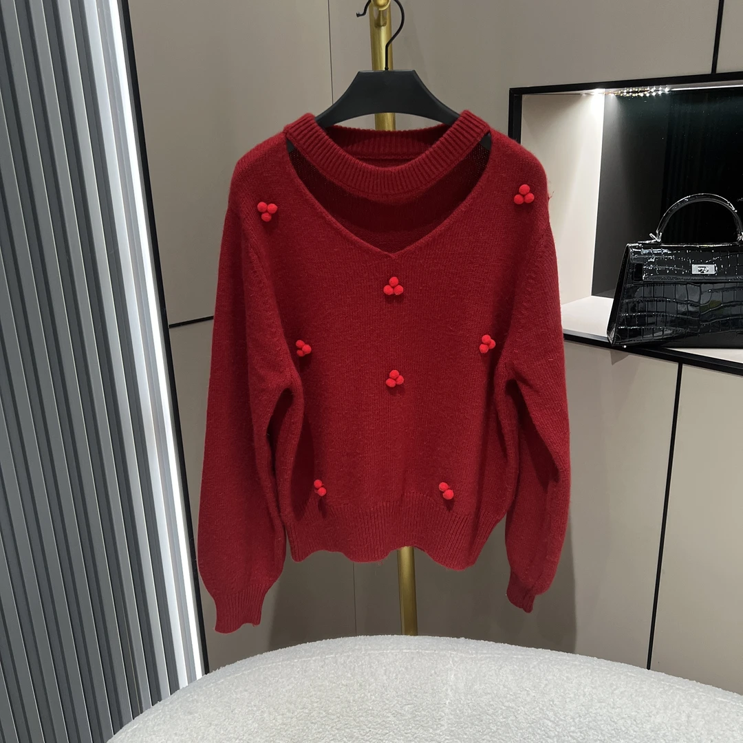 秋冬韩版纯欲风V领挂脖飘带针织衫温柔风毛织时尚洋气减龄上衣